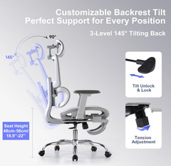 Silla de Oficina Ergonómica con Reposapiés, Cabecero 3D y Soporte Lumbar Gris
