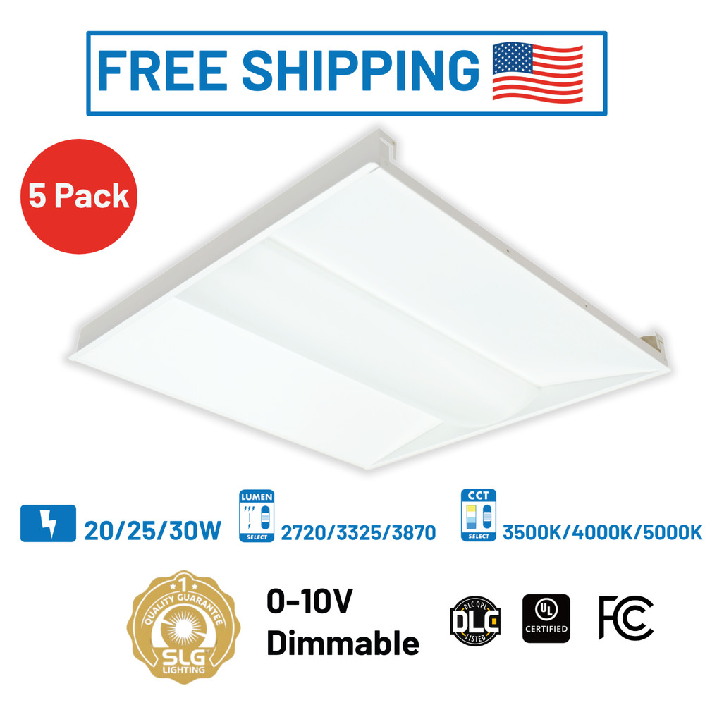 SLG 2×2 Troffer SEL 20/25/30W 35/40/50K Dim WHT Retail Office 5 Pack Heavy Duty