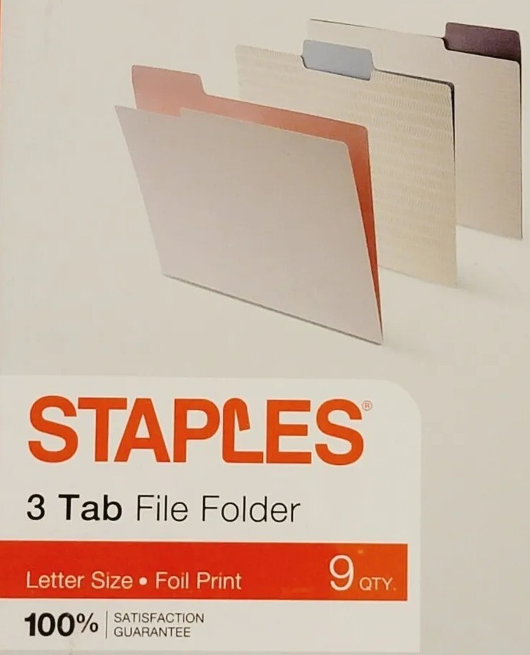 Staples Heavyweight Gold Foil Fashion 3-Tab File Folders, Set of 9, Style #51785