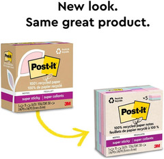Post-it Super Sticky Notes, 3×3 in, 100% Recycled, Pastel, 5 Pads