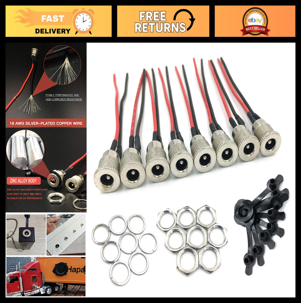 8-Pack DC Barrel Jack Panel Adapter 5.5mm x 2.1mm, 18AWG Wire, Dustproof Plug, 2