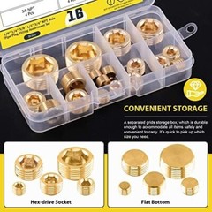 16Pcs Brass NPT Plug Assortment Kit 5 Sizes1/8″ 1/4″ 3/8″ 1/2 “3/4” Internal hex