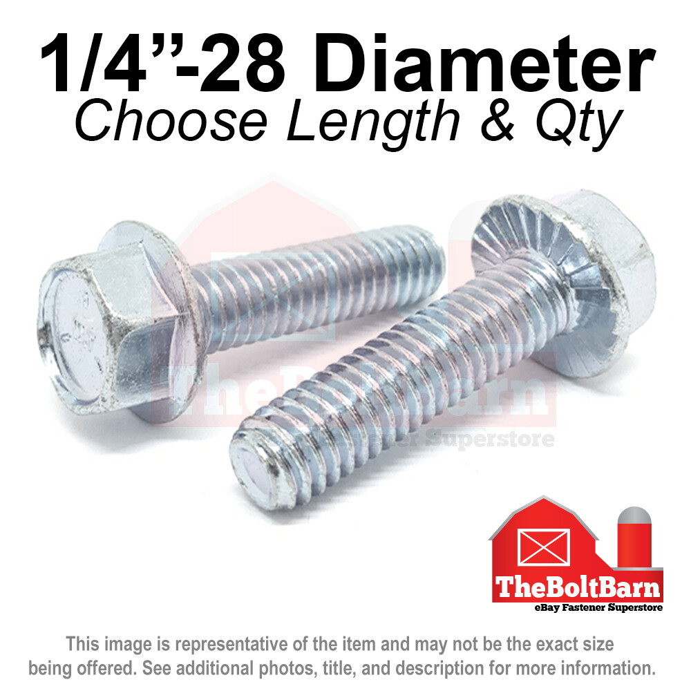 1/4″-28 Grade 5 Serrated Hex Flange Screws Frame Bolts Zinc (Pick Length & Qty)