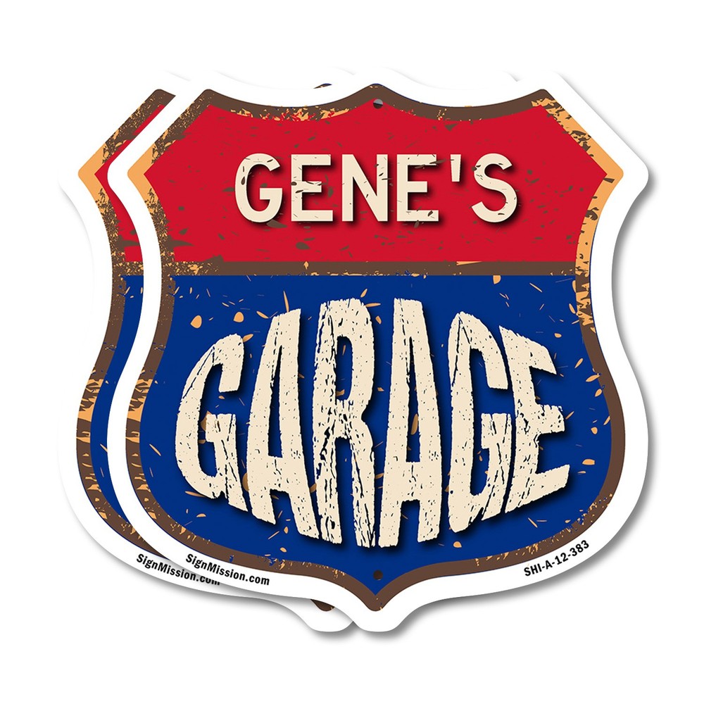 Gene’s Garage Shield Shaped Sign Weather Resistant Crafted in the USA
