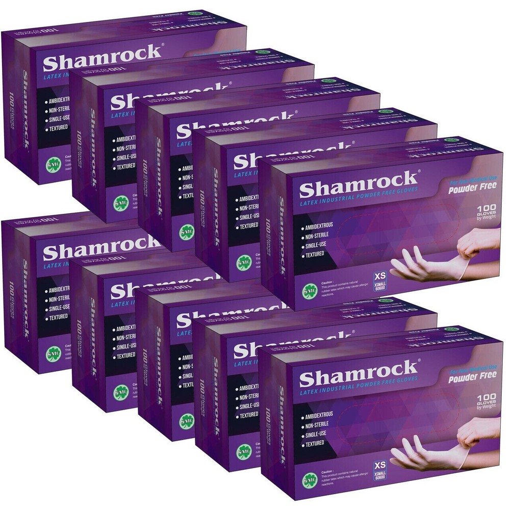 Shamrock Latex Hand Gloves CASE 1,000 pcs, 10 Boxes 100ct/box XS, S, M, L