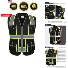 10 Pockets Hi-Vis Zipper Front Black Safety Vest | Cushioned Collar | High Re…