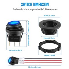 Toggle Switch 12 Volt Waterproof Blue LED Round Rocker 2 PCS SPST 3 Pin 12V/20A