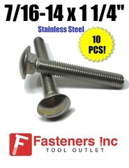(Qty 10) 7/16-14 x 1 1/4″ Stainless Steel Carriage Bolt (Full Thread) 18-8 / 304