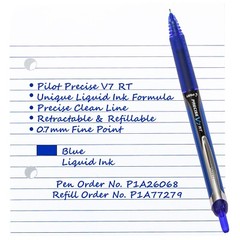 Pilot Precise V7 RT, 3 Pens With 4 Packs of Refills, Blue Ink, 0.7mm Fine Point
