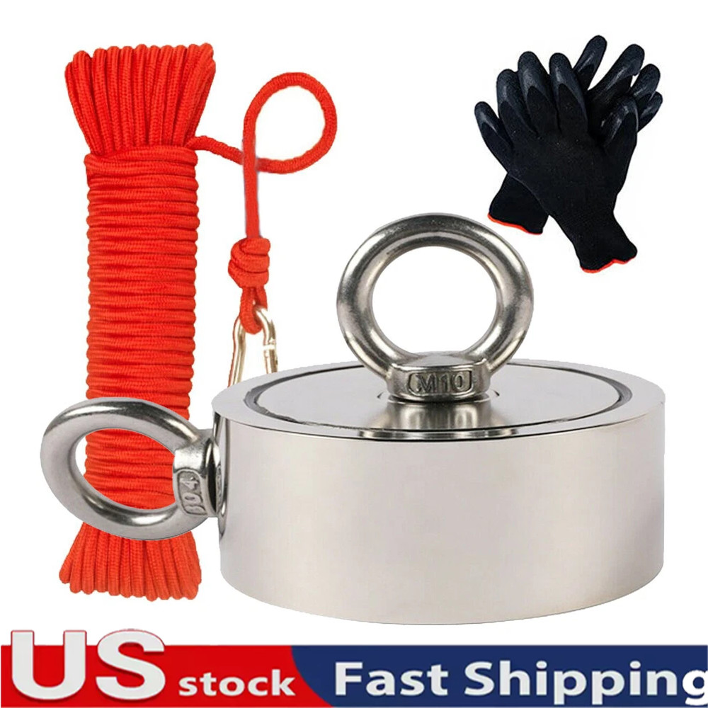 2000 LBS Strong Fishing Magnet Kit Double-Sided Pull Force and Rope Carabiner US