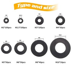 Durable Black Nylon Flat Washer Set, 500 Pieces, 8 Metric Sizes M2 M2.5 M3 M4 M5