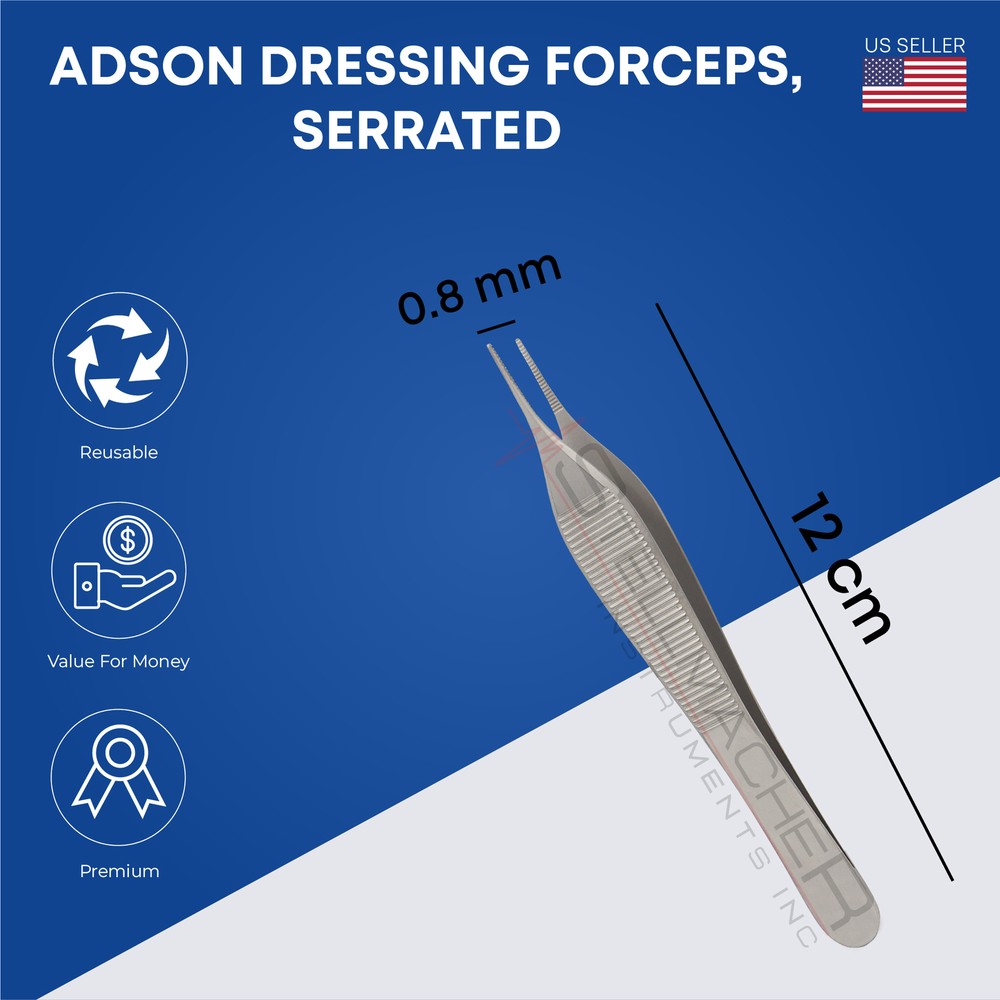 Adson Dressing Forceps, Serrated, 0.8 mm, overall length 12cm