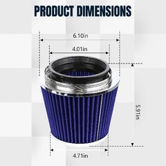 Universal Clamp-On Air Intake Filter, 76 89 102MM (3/3.5/4in) High Color: Blue