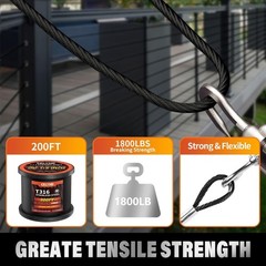 CELYND Black Stainless Steel Cable 200FT 1/8″ T316 Wire Rope