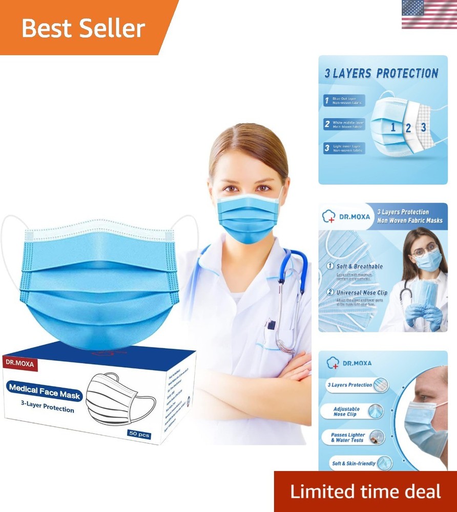 50 Pack ASTM Level 3 Disposable Face Masks – Medical Grade, Blue, 3-Ply Comfort