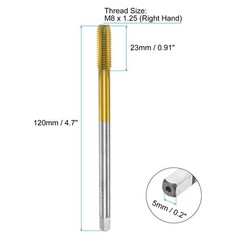 Metric Thread Tap M8 x 1.25 120mm Ti-Coated High Speed Steel Straight Flute