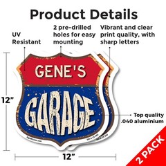Gene’s Garage Shield Shaped Sign Weather Resistant Crafted in the USA