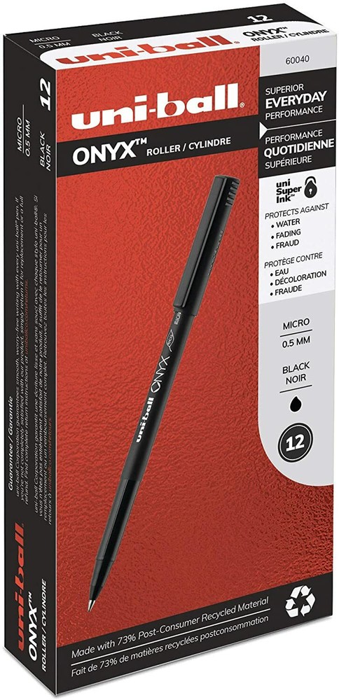 60040 uni-ball Onyx Stick Roller Ball Pen, Black Ink, Micro 0.5mm, Box of 12