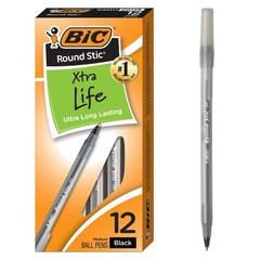 Round Stic Xtra Life Black Ballpoint Pens, 12Count, 1.0mm Medium Point