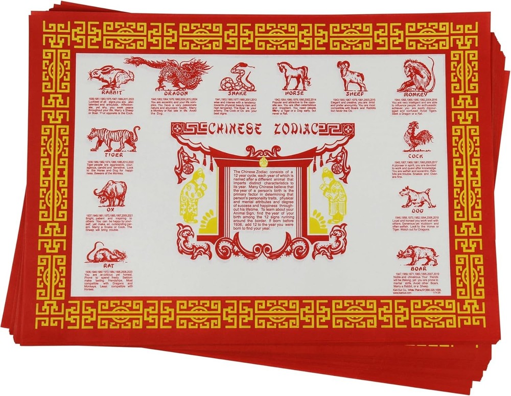 Chinese Zodiac Animal Personality Paper Placemats, 10×14, Pack of 50