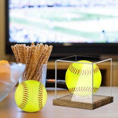 Clear Acrylic Softball Display Case with Wood Base, Memorabilia Stand Cube Ho…