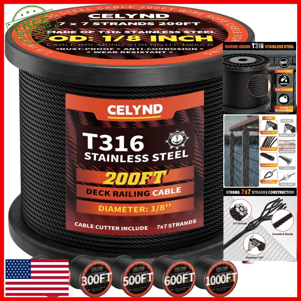 CELYND Black Stainless Steel Cable 200FT 1/8″ T316 Wire Rope