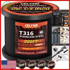 CELYND Black Stainless Steel Cable 200FT 1/8″ T316 Wire Rope