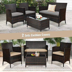 4-Piece Wicker Patio Conversation Furniture Set Sofa Chair with Brown and Grey C