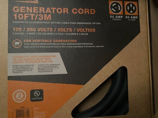 Generac GNC-6330 10′ 50Amp Generator Cord W/Nema 1450 Male/Locking Cs6364 Female