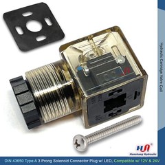 DIN 43650 Type A 3 Prong Solenoid Connector Plug w/ LED Light Compatible 12V 24V