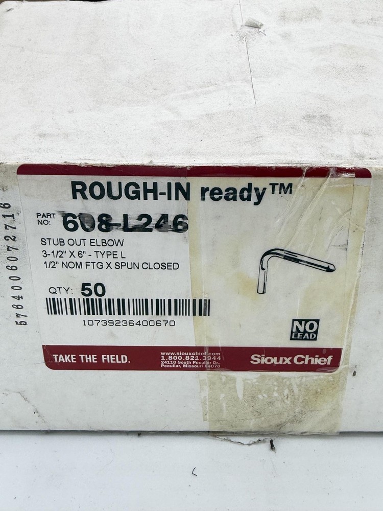 Sioux Chief 608-L246 Stub Out Elbow 1/2 In Copper Type L 3-1/2 X 6 NO LEAD 50ct