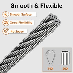 1/8″ wire cable, 100ft Wire Rope Metal Cable With Loop Sleeve And Steel Thimb…