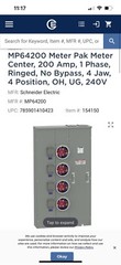 Square D MP64200 w/4 Gang 200A Meter Socket/s Base WEP4412 EUSERC FRFR8 ED4U