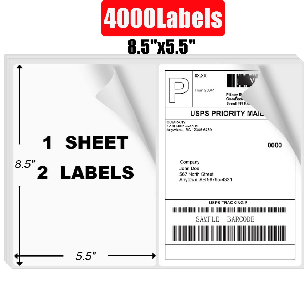 4000labels Premium 8.5×5.5 Round Corner Shipping Labels Half Sheet Self Adhesive