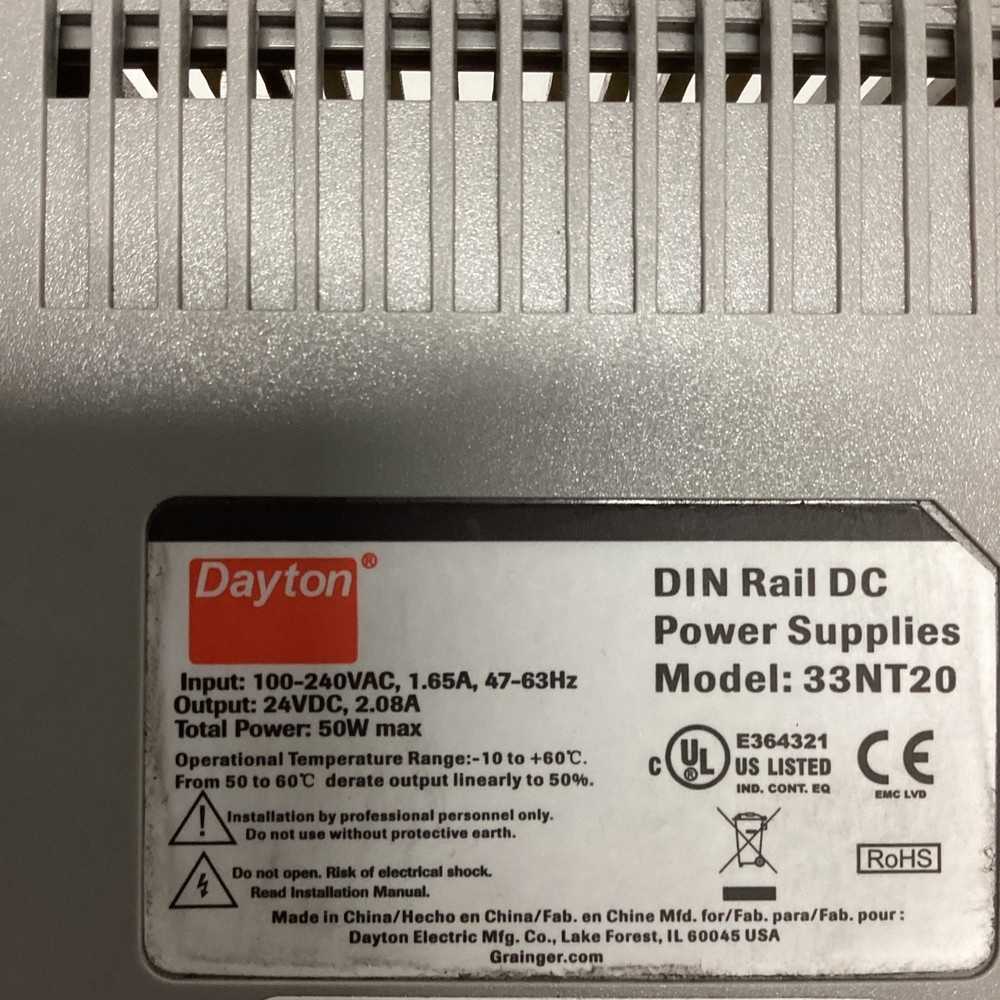 DAYTON 33NT20 Power Supply DIN Rail 50W 24VDC T-727