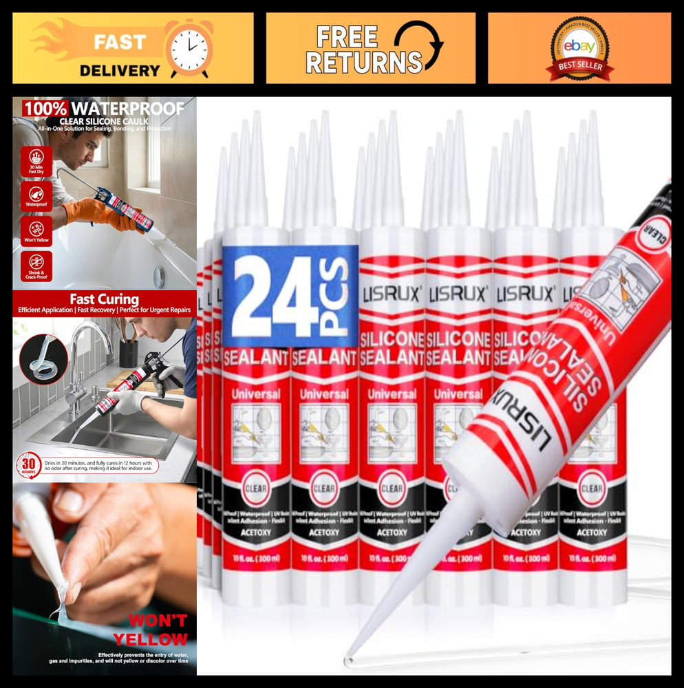 100% Waterproof Silicone Caulk for Kitchen & Bathroom, 10 oz Cartridge, 24 Pack,