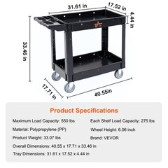 VEVOR Utility Service Cart Rolling Cart 2 Shelf 550LBS with 360° Swivel Wheels