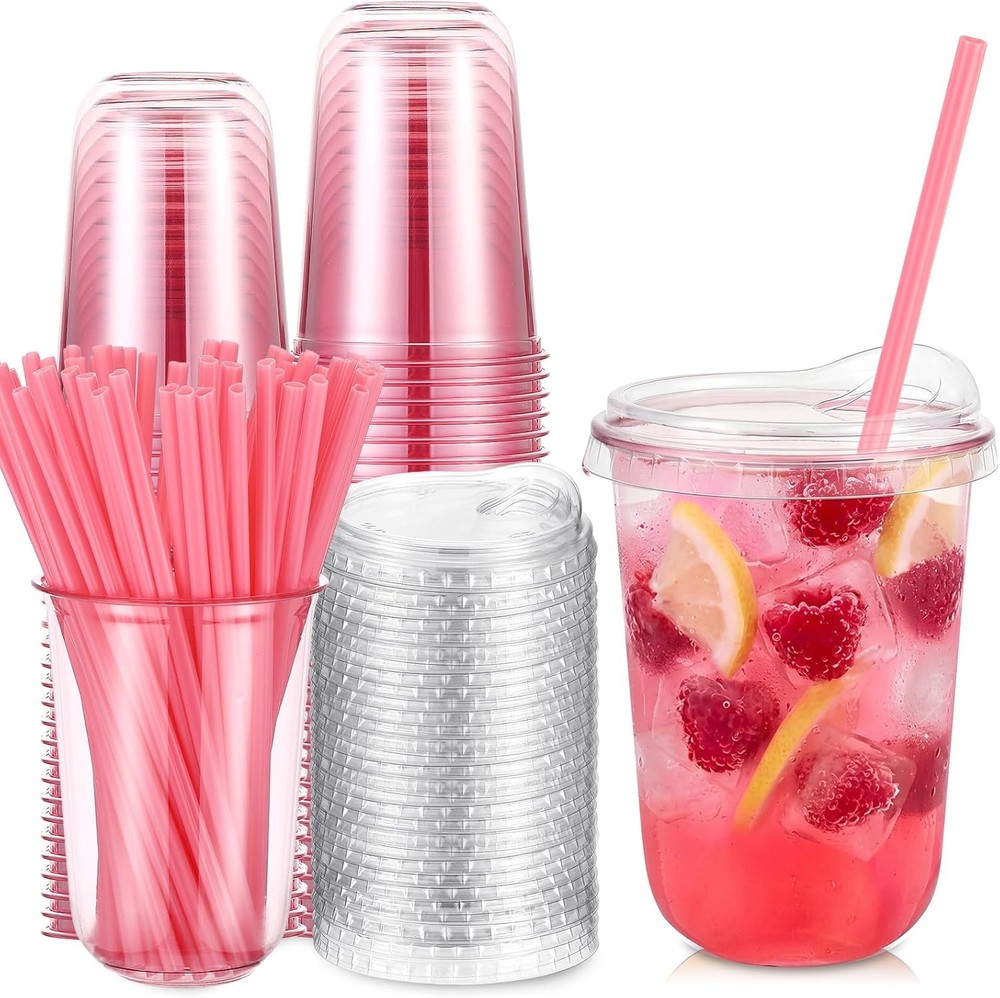 25 Sets Clear Plastic Cups with Heart Shaped Pink Straws and Strawless Lids