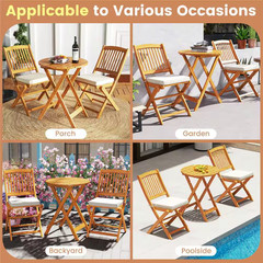 3-Piece Acacia Wood round Table 18 In. Outdoor Bistro Set with Beige Cushions
