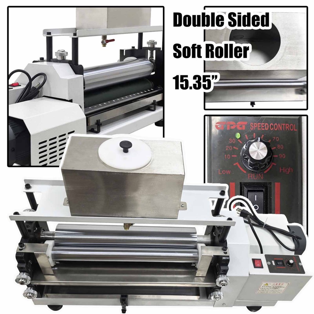 15.35″ Double-Sided Automatic White Glue Coating Machine w Soft Rubber Rollers