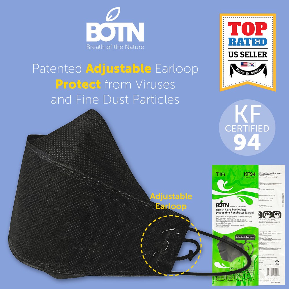 10-100 Pcs KF94 BOTN BLACK Protective Face Mask Adult Korea KFDA Approved