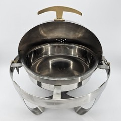 Vintage Chrome Round Roll Top Full Size 20” Chafer Chafing Dish Brass Handle