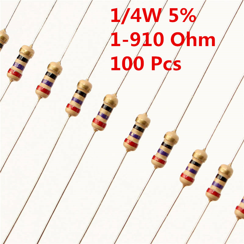 100Pcs 1/4W 0.25W Carbon Film Resistor ±5% 1 – 910 Ω Ohm 1R – 910R