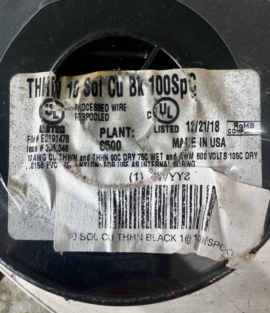 10 AWG Solid THHN Copper Wire Black 100 ft Heat & Moisture Resistant 600V