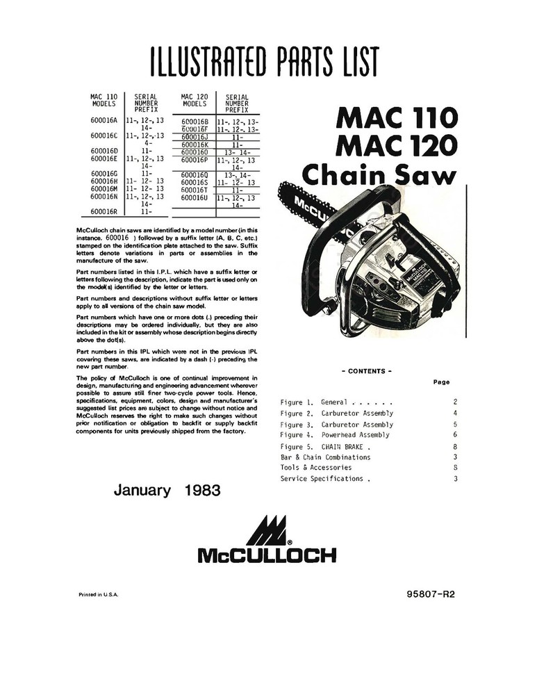 1983 Mac Chainsaw Illustrated Parts List Manual Fits McCulloch 110 120 MC#67