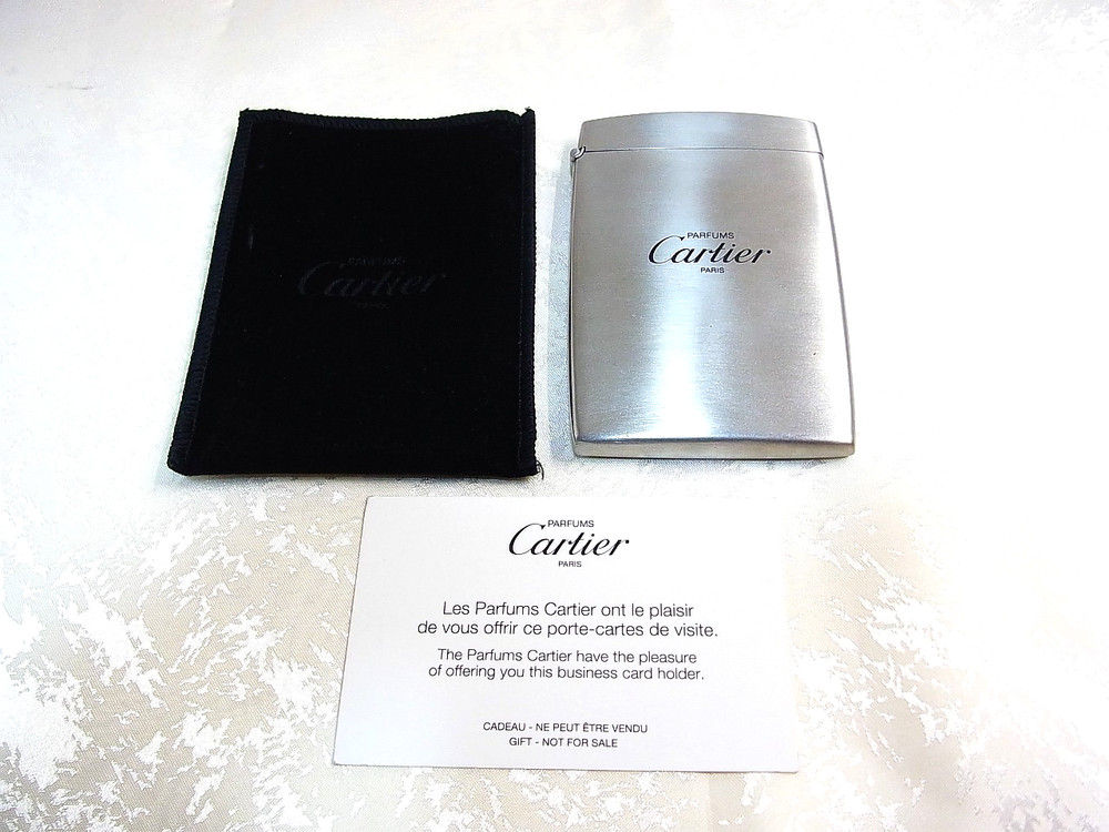 Authentic Cartier Business Card Holder Stainless steel Case Rare w/Pouch & Paper