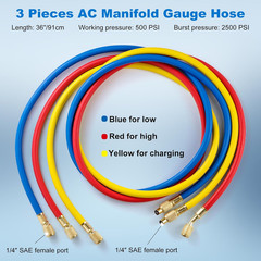 3 Pieces AC Manifold Gauge Hose Kit, Refrigerant Charging Hoses 1/4 SAE, 3FT AC