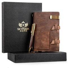 100% Genuine Leather Notebook Journal Gift Set Fountain Pen Brown 5x7in Gift Box