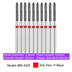 Vakker 10pc Dental 885-012F Fine Diamond Burs Friction Grip Beveled Cylinder Bur