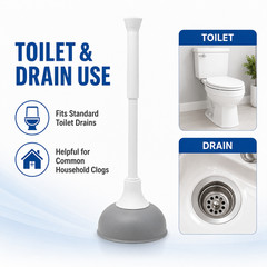 19 Inch Toilet Plunger Bathroom Drain Clog Remover Gray White Compact Handle